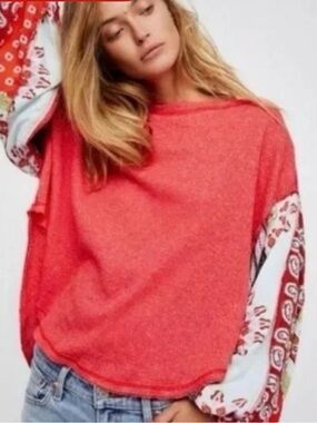 Free People Thermal Top Red Paisley Balloon Sleeves M Boho